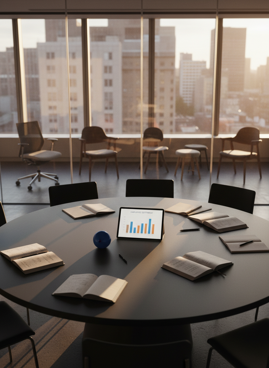 A circular meeting table stands alone in a glass-walled conference room, its dark matte surface scattered with open notebooks, a digital tablet displaying an anonymized bar graph of employee sentiment, and a single stress ball slightly indented, as if just released. Beyond the glass, a diverse mix of empty chairs in different styles hints at varied roles and backgrounds. Late afternoon light filters through city-facing windows, creating a dynamic contrast of bright highlights and soft shadows. Photographic realism, shot from a slightly elevated angle with rule-of-thirds composition, conveys a mood of constructive disruption and empowerment, as though a frank discussion about toxic culture and change has just paused and could resume at any moment.