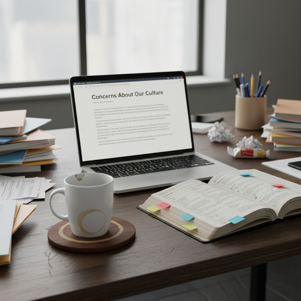 A close-up, photographic realism shot of a cluttered manager’s desk in a corporate office, captured from an eye-level perspective. A sleek laptop screen shows a half-written, unsent email titled “Concerns About Our Culture,” the text blurred for privacy. Beside it, a dog-eared employee handbook lies open, with several pages marked by color-coded tabs. A ceramic mug with a small chip at the rim rests on a coaster ringed with faint coffee stains. Soft overcast light from a nearby window casts subtle shadows and emphasizes the paper textures and desk grain. The atmosphere feels tense but hopeful, as if a turning point is approaching, highlighting the courage it takes to challenge harmful workplace norms without depicting any human figures.