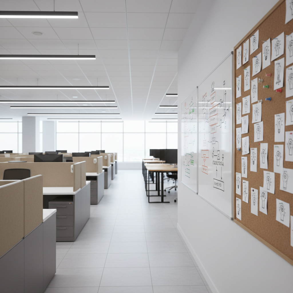 An expansive office corridor shot in photographic realism, captured from a low, slightly forward-moving perspective to create a sense of momentum. On one side, a row of typical corporate cubicles fades into soft blur; on the other, a more open, collaborative zone features standing desks, whiteboards covered in abstract diagrams, and a large bulletin board filled with anonymous suggestion cards and printed icons of raised fists and lightbulbs instead of text. Overhead LED lighting mixes with cool daylight seeping from distant windows, creating a clear, honest atmosphere. The composition uses leading lines to pull the viewer toward the brighter, open area, symbolizing a shift from restrictive, harmful culture to transparent, empowering workplaces, all conveyed without showing any people.