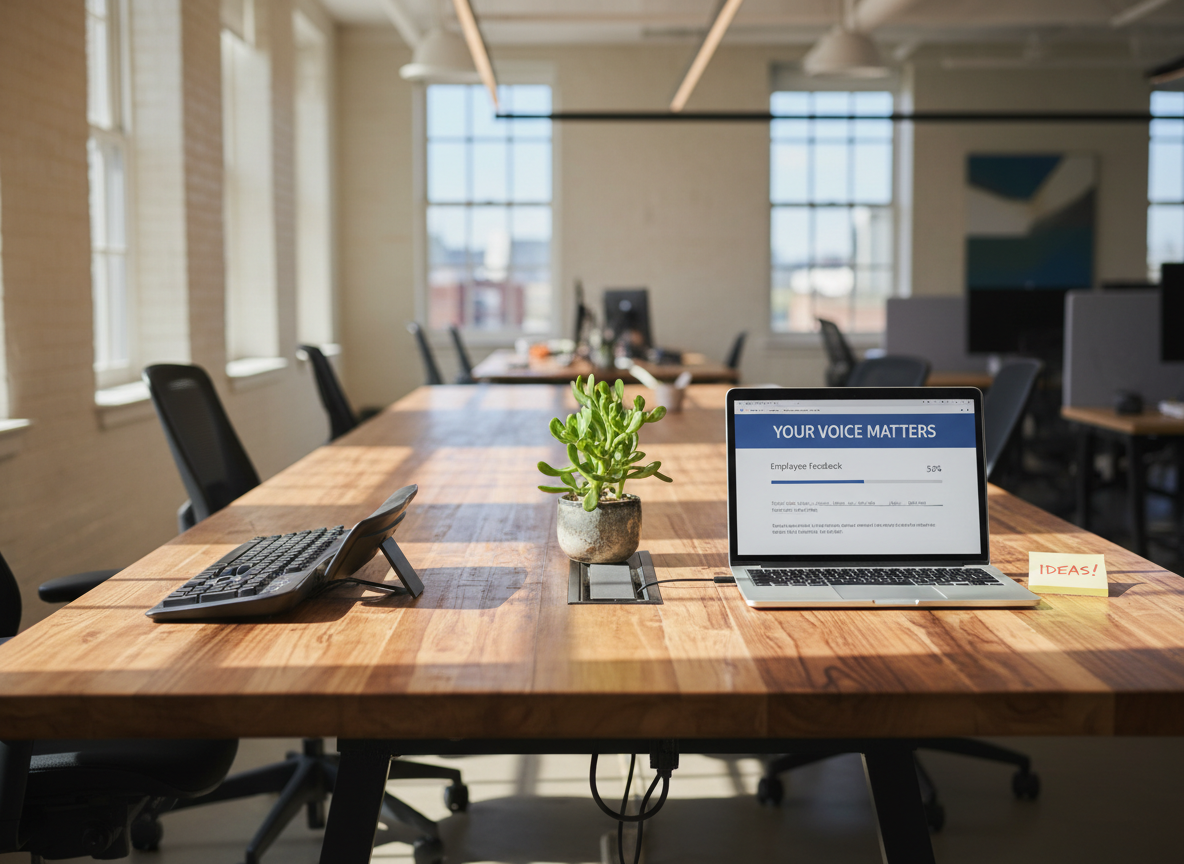 A long, shared office table made of warm, slightly worn wood stretches through the center of a modern, open-plan workplace. Several distinct workstations are visible: an ergonomic keyboard mid-typed, a laptop screen paused on an employee feedback survey, a bright sticky note with a drawn lightning bolt, and a small potted plant with vibrant green leaves. Natural daylight pours in from tall windows, creating soft, realistic shadows along the tabletop and across muted, textured walls. Photographic realism at eye level, with a shallow depth of field keeping the table in sharp focus while the rest of the office blurs into an inviting yet serious backdrop, suggesting a bold, authentic conversation about workplace culture without showing any people.