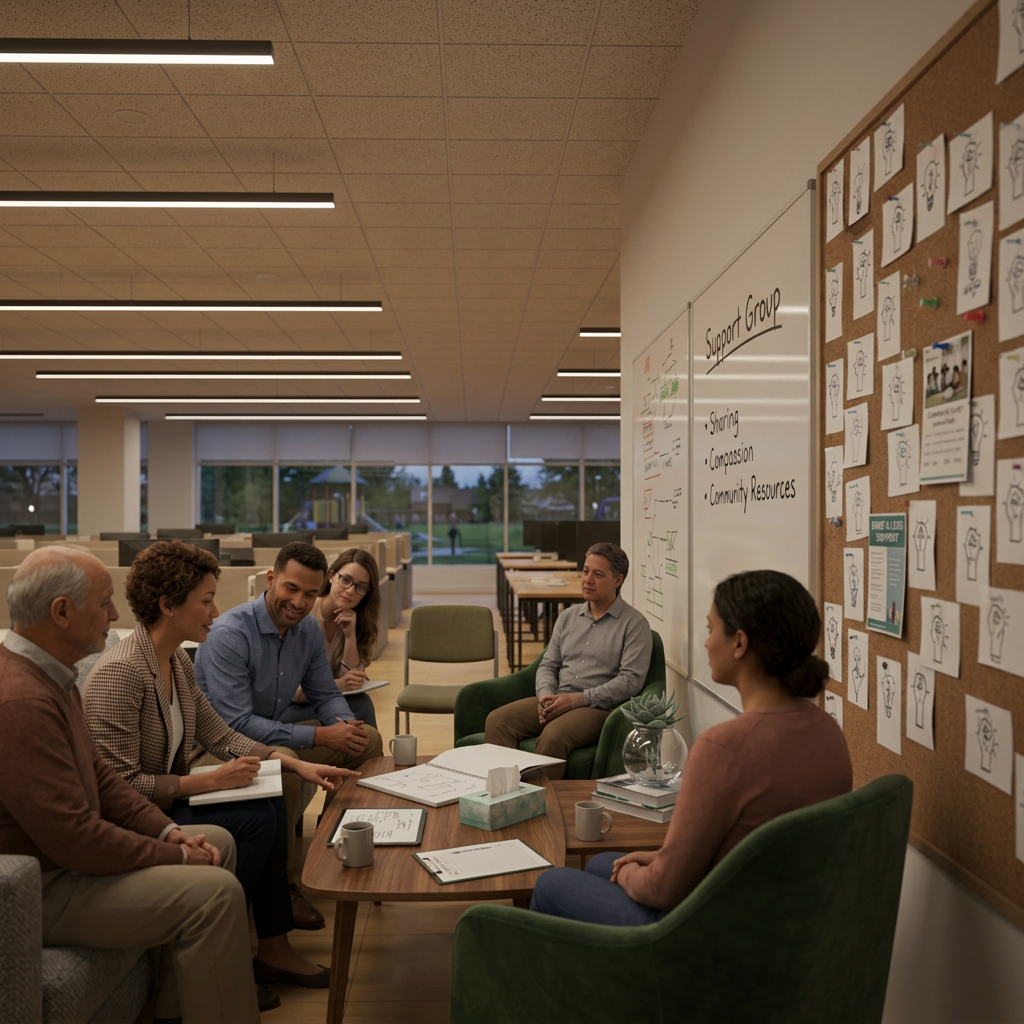 workplace culture An expansive office corridor shot in photographic realism, captured from a low, slightly forward-moving perspective to create a sense of momentum. On one side, a row of typical corporate cubicles fades into soft blur; on the other, a more open, collaborative zone features standing desks, whiteboards covered in abstract diagrams, and a large bulletin board filled with anonymous suggestion cards and printed icons of raised fists and lightbulbs instead of text. Overhead LED lighting mixes with cool daylight seeping from distant windows, creating a clear, honest atmosphere. The composition uses leading lines to pull the viewer toward the brighter, open area, symbolizing a shift from restrictive, harmful culture to transparent, empowering workplaces, all conveyed without showing any people.
